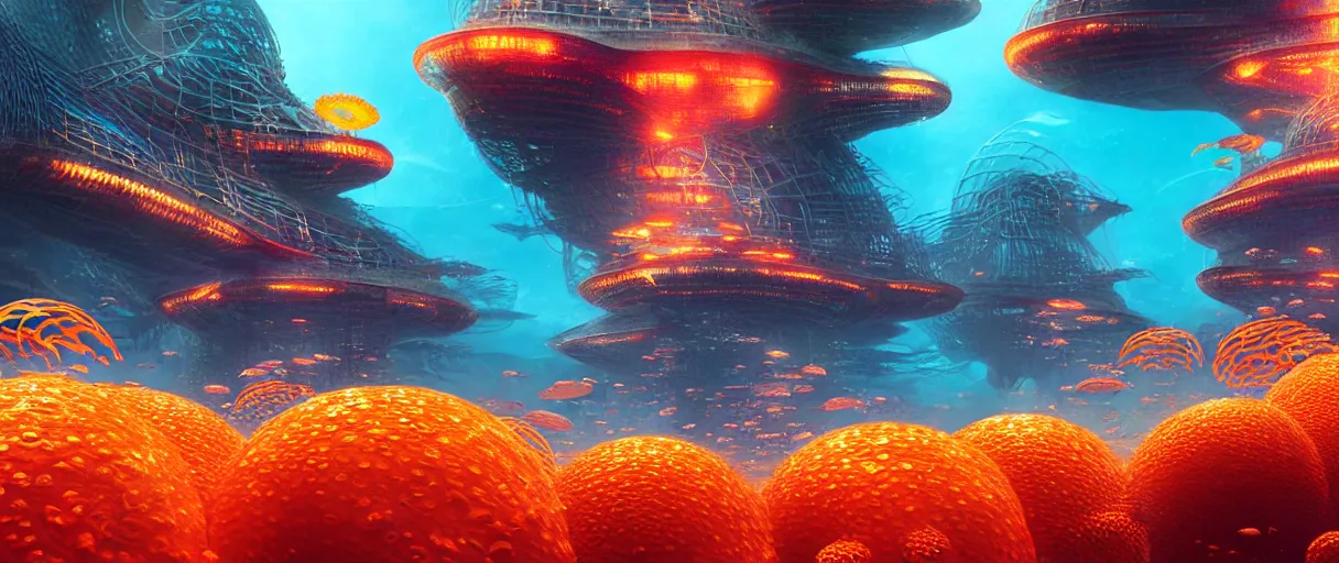 Image similar to hyperrealistic hyper detailed underwater bio-morphic city of atlantis guarded by giant orange and yellow cyborg jellyfish matte painting concept art maciej kuciara hajime sorayama cinematic soft red lighting low angle hd 8k sharp shallow depth of field