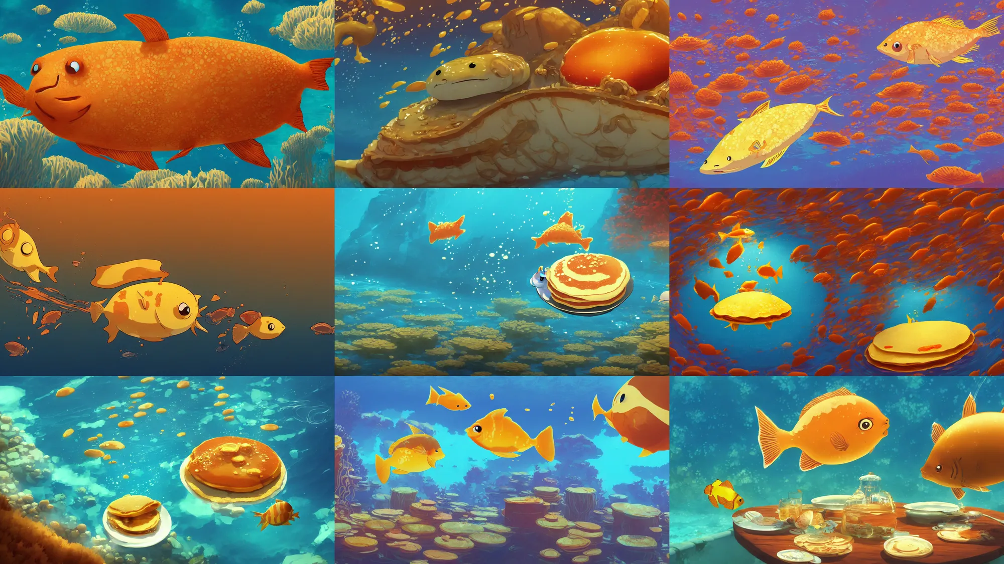Prompt: digital underwater art of a happy flat pancake fish swimming in syrup, cute, 4 k, fish made of pancake, fantasy food world, living food adorable pancake, brown atmospheric lighting, by makoto shinkai, studio ghibli, chris moore