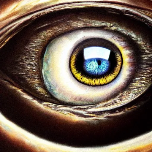 Image similar to a highly detailed photorealistic painting of a human eye that has a reflection of outer space