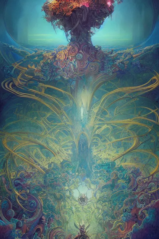 Image similar to the world, tarot card, fantasy drawing made of fractals, ultra realistic, wide angle, art nouveau, intricate details, rainbowshift, vivid colors, highly detailed by peter mohrbacher, wayne barlowe, maxfield parrish, aaron horkey, gaston bussiere, craig mullins