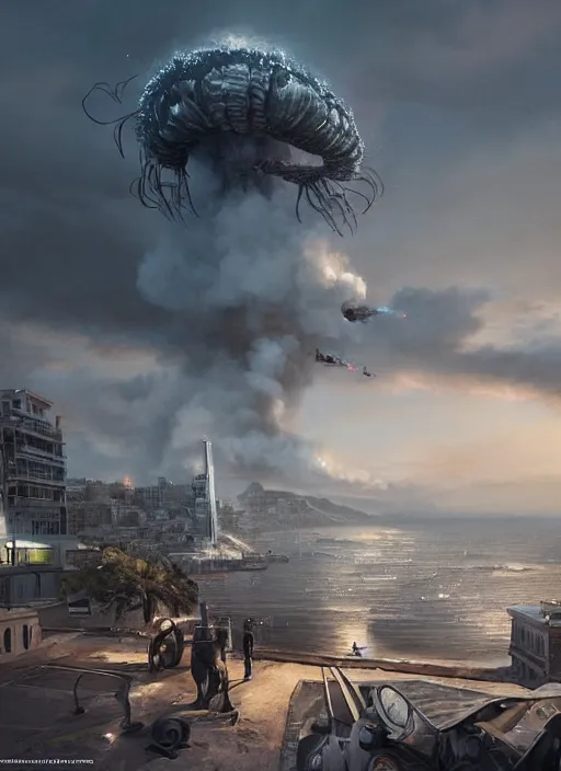 Image similar to hyper realistic squid robot attacking cape town city, table mountain explosions, atmospheric beautiful details, strong composition drawn in ink by kim jung giu weta studio rutkowski, james gurney and greg rutkowski, and lucasfilm