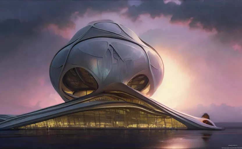 Image similar to exterior shot of utopian architecture building with cinematic lighting by zaha hadid and renzo piano, darek zabrocki and greg ruthkowski, alphonse mucha, simon stalenhag, cinematic, beautiful, holy place, paradise, scifi, futurism, atmospheric, sunset, award winning, concept art, artstation, trending on artstation