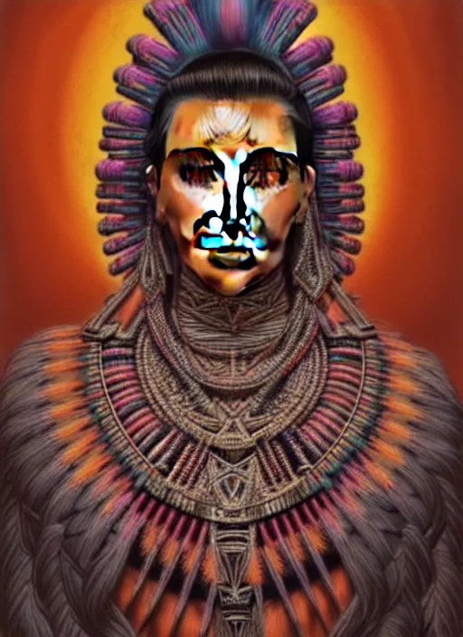 Prompt: portrait of kim kardashian, hyper detailed ultra sharp aztec shaman warrior. trending on artstation, warpaint aesthetic, bloodwave, colorful, psychedelic, ornate, intricate, digital painting, concept art, smooth, sharp focus, illustration, art by artgerm and greg rutkowski and h. r. giger, 8 k