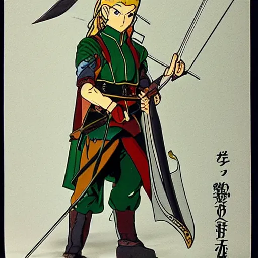 Prompt: Legolas in an 80s anime version of Lord of the Rings, holding a longbow, very detailed, ultra realistic, handpainted, Satoshi Kon, Hiyao Miyazaki, Katsuhiro Otomo