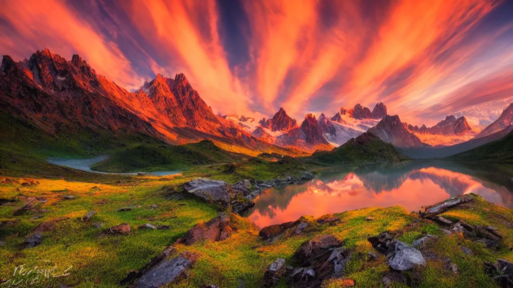 Image similar to amazing landscape photo of mountains with lake in sunset by marc adamus, beautiful dramatic lighting