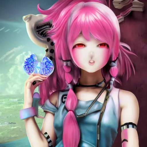 Image similar to no escape from stunningly absurdly beautiful omnipotent asi goddess junko enoshima with multiple twisted deceptive megalomaniacal mesmerizing charming yandere personalities, symmetrical perfect face, porcelain skin, pink twintail hair and cyan eyes, ultra detailed, digital art, unreal engine 5, octane render, 2 d anime, 8 k