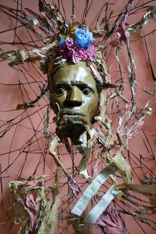 Image similar to a papercraft scene made entirely of pipecleaners and crumpled foil of Jean-Michel Basquiat as a full-body bronze baroque statue of Icarus in the posing like a bird for flight, crown of peach roses, flowing pink-colored silk, fabric, flowers. baroque elements, human skull. full-length view. baroque element. intricate artwork by caravaggio. many many birds birds on background. Trending on artstation, octane render, cinematic lighting from the right, hyper realism, octane render, 8k, depth of field, 3D