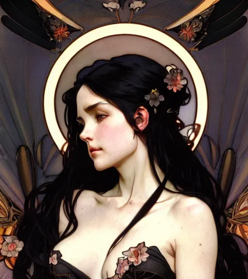 Prompt: character design by artgerm, cushart krenz, greg rutkowski and alphonse mucha. ( ( ( portrait of a black - haired angel with black wings in a black bra ) ) ) sharp edges. ultra clear detailed. 8 k. ultra detailed, elegant, intricate, octane render.