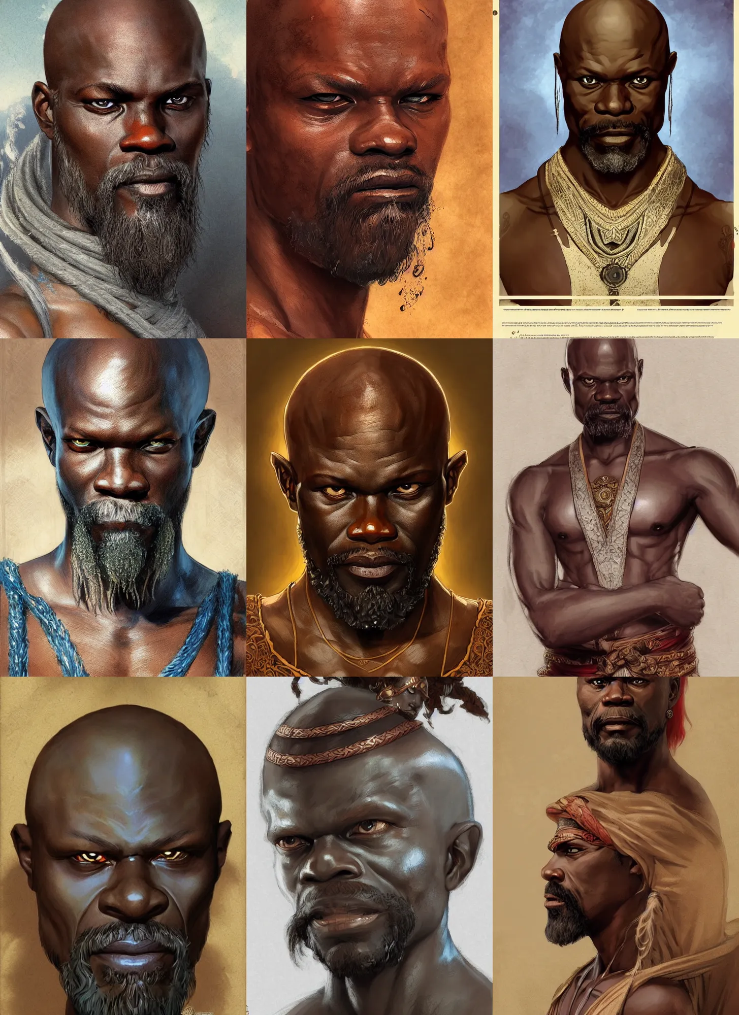 Prompt: portrait djimon hounsou as gerudo, beard , intricate, elegant, highly detailed, artstation, concept art, smooth, sharp focus, illustration, bouguereau, rutkowski, mucha