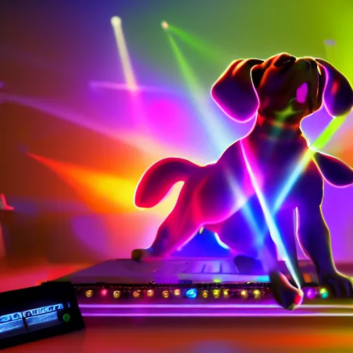 Image similar to puppy as a DJ, 8k, volumetric lighting, hyper realistic