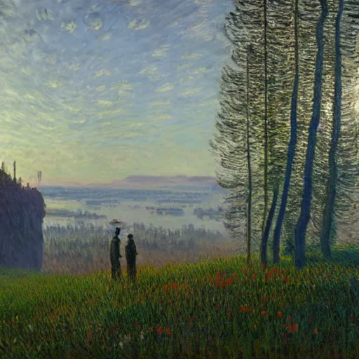 Image similar to a masterpiece oil on canvas painting by Simon Stålenhag and Claude Monet