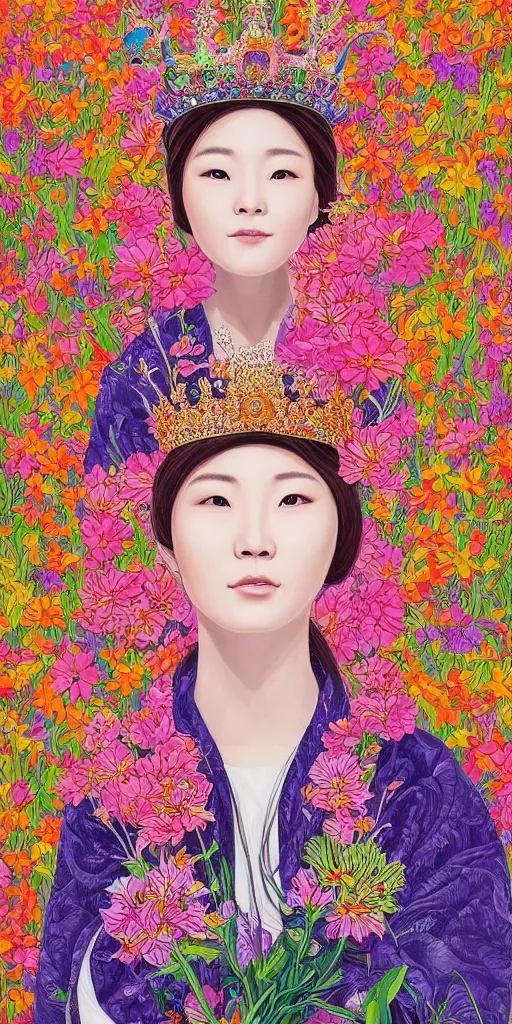 Image similar to highly detailed portrait of a korean queen, wearing a crown of flowers by roger dean and alena aenami