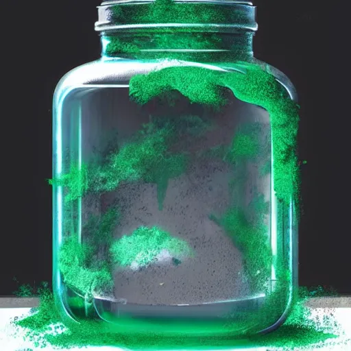 Prompt: green goo mixed with blue goo in a jar, Greg Rutkowski