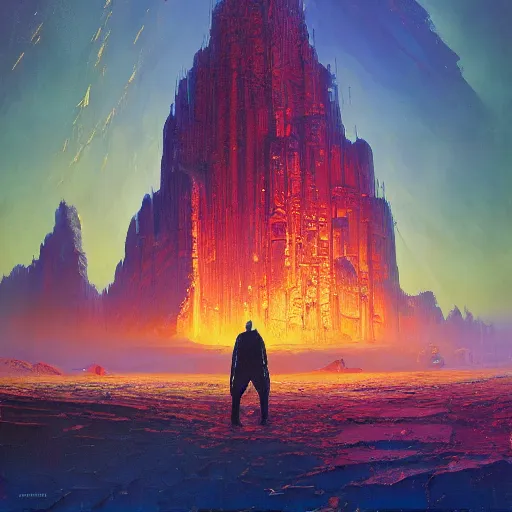 Image similar to a painting of a man standing in front of a giant monolith, poster art john berkey and simon stalenhag and gilbert williams, cgsociety, space art, lovecraftian, cosmic horror, poster art