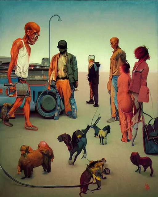 Image similar to square people conversing with dark dogs at a gas station with large oxygen tank in the style of Francis Bacon and Syd Mead and Norman Rockwell and Beksinski, open ceiling, highly detailed, painted by Francis Bacon and Edward Hopper, painted by James Gilleard, surrealism, airbrush, very coherent, triadic color scheme, art by Takato Yamamoto and James Jean