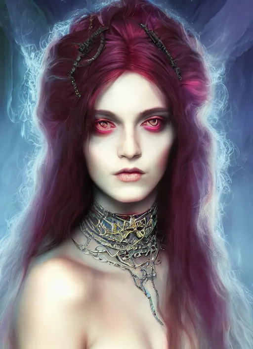 Image similar to tarot!!, pale, beautiful witch with long hair, fantasy medieval, jeweled choker, vivid colors, elegant, concept art, sharp focus, beautiful face!!, digital art, Hyper-realistic, 4K, Unreal Engine, Highly Detailed, Dramatic Lighting, Beautiful, by Brom, trending on Artstation, Tom Bagshaw, Sargent