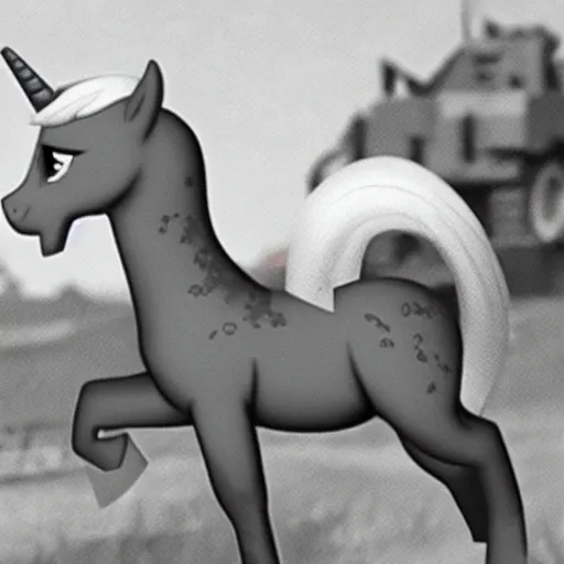 Prompt: My Little Pony in World War 2 battlefield footage taken on old camera