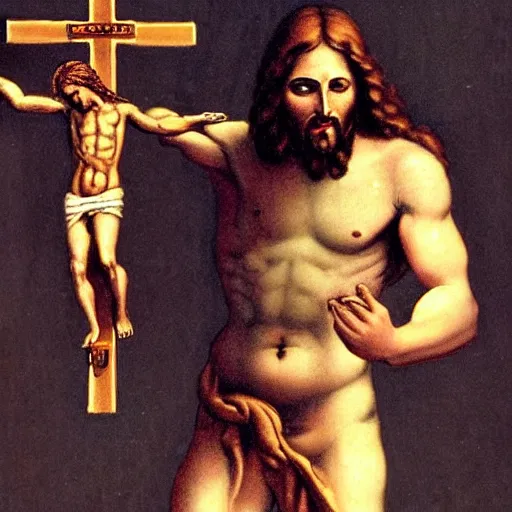 Prompt: A muscular Jesus Christ ripping himself off the crucifix