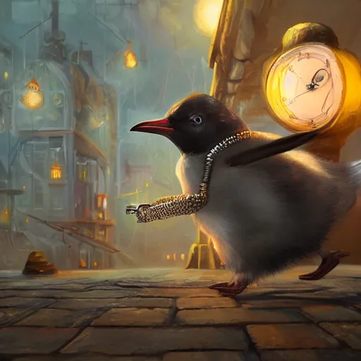 Image similar to oil painting of rich steampunk penguin, wearing top hat, steampunk factory background, hamster running in the background, sharp focus, fantasy style, octane render, volumetric lighting, 8k high definition, by greg rutkowski, highly detailed, trending on art Station, magic the gathering artwork, centered
