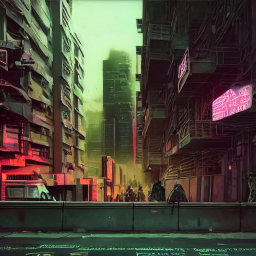 Prompt: exterior shot, dystopian city. george orwell 1984 society, drones, people walking around, depressing, scifi futuristic vehicles, robots , people , police state, neon lights, james gurney, katsuhiro otomo, james paick, cinematic lighting, artstation, vibrant nature, anime style, Craig Mullins, Greg Rutkowski, Pete Morbacher, Tuomas Korpi, tekkon kinreet, volumetric light, artstation, , octane render, redshift render, low angle camera, HDRI