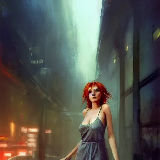 Image similar to bella thorne wearing nightgown, hyperrealistic full figure, bladerunner street alley, art of elysium by frank frazetta and by jeremy mann, fantasy art, photo realistic, dynamic lighting, artstation, full figure poster, volumetric lighting, very detailed face, 4 k, award winning