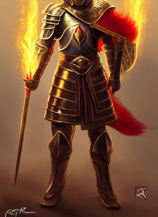 Image similar to knight with red plume, golden gold sword and big shield, fire background, fantasy rpg, firey environment, oil _ painting _ unreal _ 5 _ daz. _ rpg _ portrait _ extremely _ detailed _ artgerm _ greg _ rutkowski _ greg