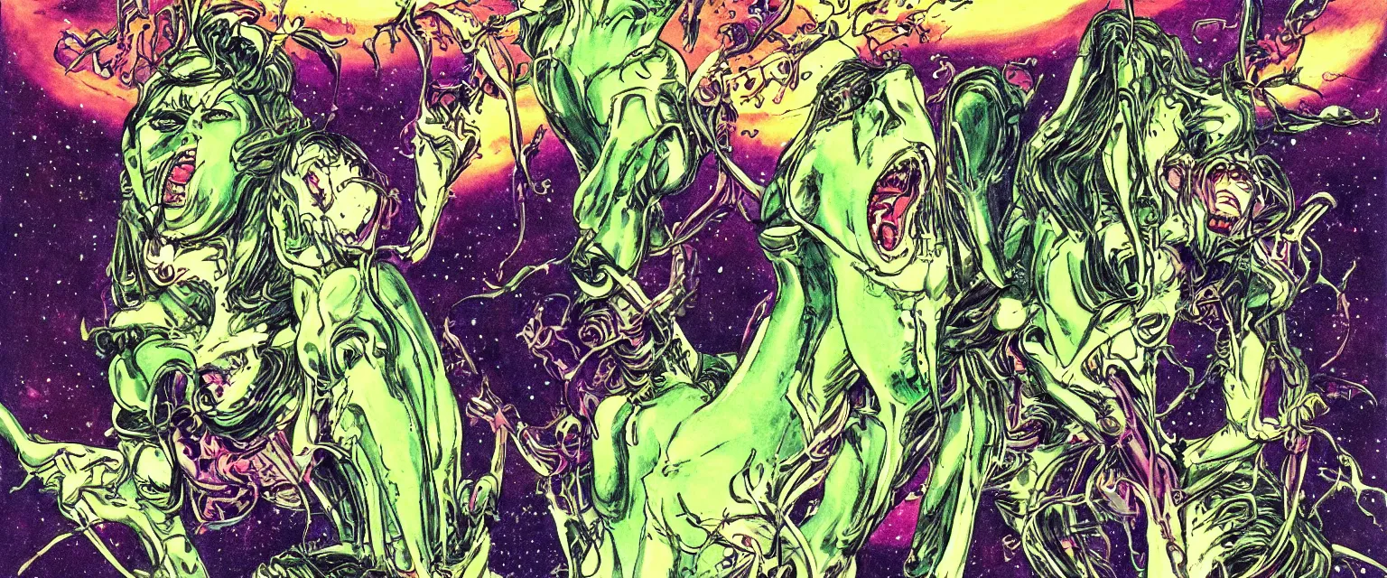 Prompt: exaltics apocalyptic ufo woman is screaming and crying after alien invasion on planet earth style of manga comic books in the year seventies, storybook illustration, by yoshitaka amano, green color scheme