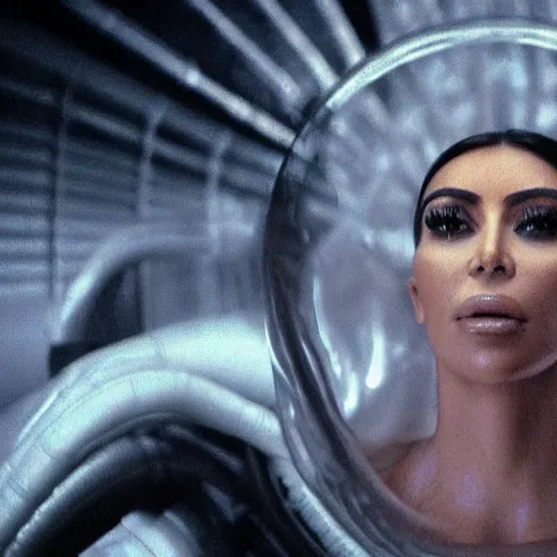 Prompt: film still of kim kardashian in the movie Alien, alien spider mounted to her face as she tries to resist, spider webbed body, scary cinematic wide shot, full body pov, 4k.