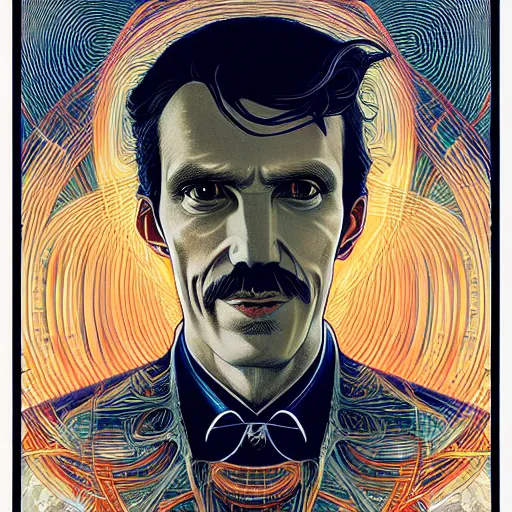 Image similar to portrait of nikola tesla, symmetrical, by yoichi hatakenaka, masamune shirow, josan gonzales and dan mumford, ayami kojima, takato yamamoto, barclay shaw, karol bak, yukito kishiro