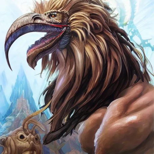 Image similar to concept art, anime portrait of a monster with the head of an ostrich and the body of a snake and the wings of bird and the feet of a lion by Stanley Artgerm Lau, WLOP, Rossdraws, James Jean, Andrei Riabovitchev, Marc Simonetti, and Sakimichan, trending on artstation