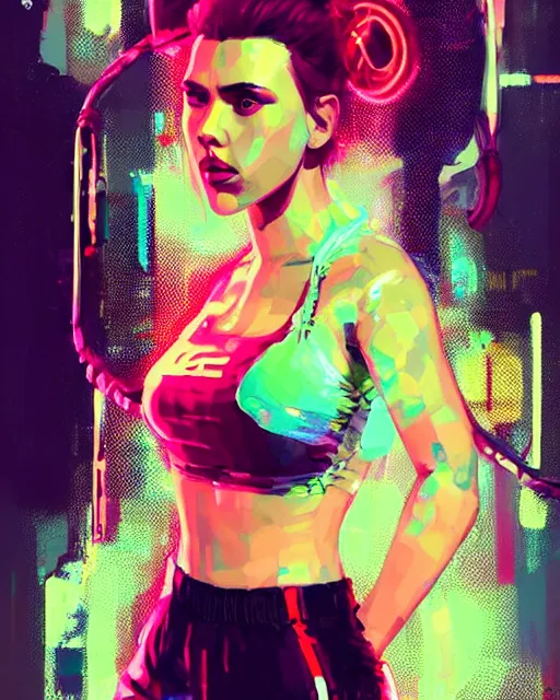 Image similar to detailed portrait Scarlett Johansson, cyberpunk futuristic neon, reflective crop top and shorts, boxing gloves, decorated with traditional Japanese ornaments by Ismail inceoglu dragan bibin hans thoma greg rutkowski Alexandros Pyromallis Nekro Rene Maritte Illustrated, Perfect face, fine details, realistic shaded, fine-face, pretty face