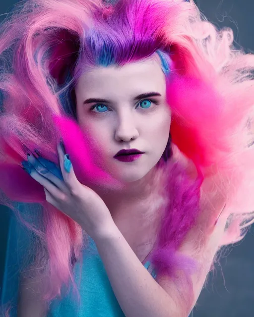 Image similar to a dramatic lighting photo of a beautiful young woman with cotton candy hair. with a little bit of cyan and pink