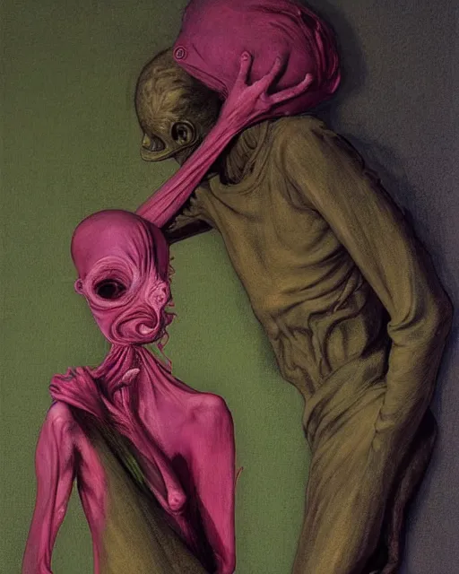 Prompt: Two skinny dark figures wearing golden gas masks, draped in silky pink and green, exhausted sadness, inside a ruined surgical room, the world is on fire, loss and despair, in the style of Francis Bacon, Esao Andrews, Zdzisław Beksiński, !!!Edward Hopper!!!, surrealism, art by Takato Yamamoto and James Jean