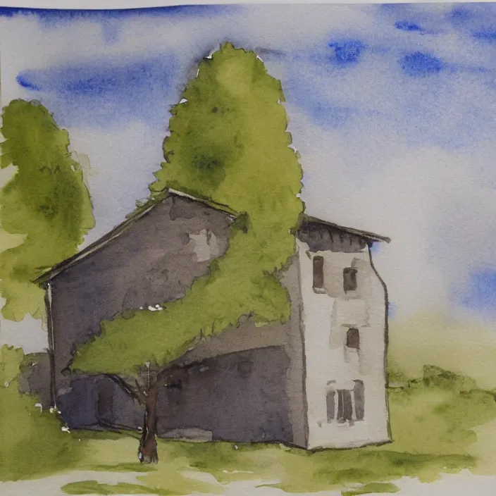 Image similar to a building in a landscape, simple watercolor