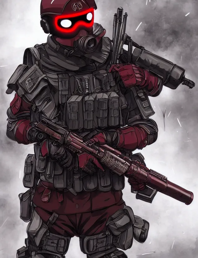 Prompt: a detailed manga illustration of a masked special forces soldier wearing dark red advanced demon - resistant cyborg tactical gear, trending on artstation, digital art, 4 k resolution, detailed, high quality, sharp focus, hq artwork, coherent, insane detail, character portrait