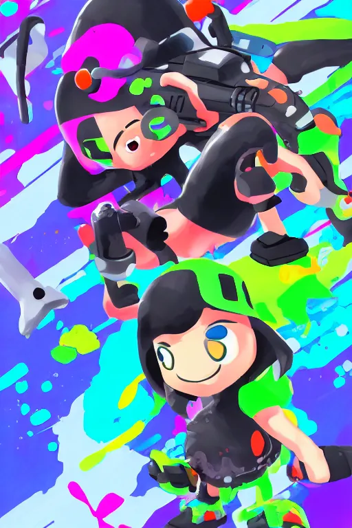 Image similar to splatoon nintendo dynamic poses digital painting on canvas, trending on artstation, featured on pixiv, cinematic composition, 8 k