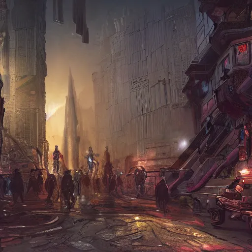Prompt: soldiers exploring a city in the year 2 7 1 7, 1 9 2 0's sci - fi, deep aesthetic colors, 8 k, highly ornate intricate details, extreme detail,