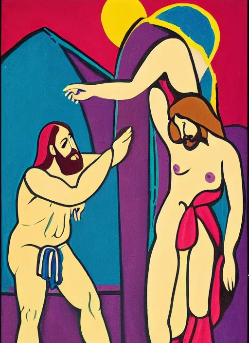 Prompt: painting of jesus being seductively unrobed by a mysterious woman, 8 k cel shading, pivix, in the style of ernst ludwig kirchner