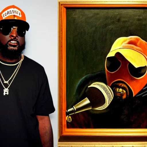 Prompt: high quality celebrity painting of rap artist mf doom holding a microphone 🎤, hip hop artist mf doom in a knicks hat, mf doom portrait by the old dutch masters, marijuana leaves in background, rembrandt, hieronymous bosch, frans hals