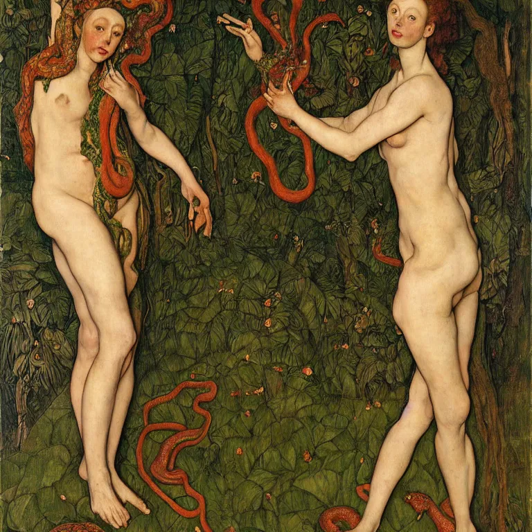 Image similar to a dryad venus, transforms herself into a snake. around her are tropical birds and orchids. painted by jan van eyck, egon schiele and max ernst, trending on artstation, 8 k, award winning