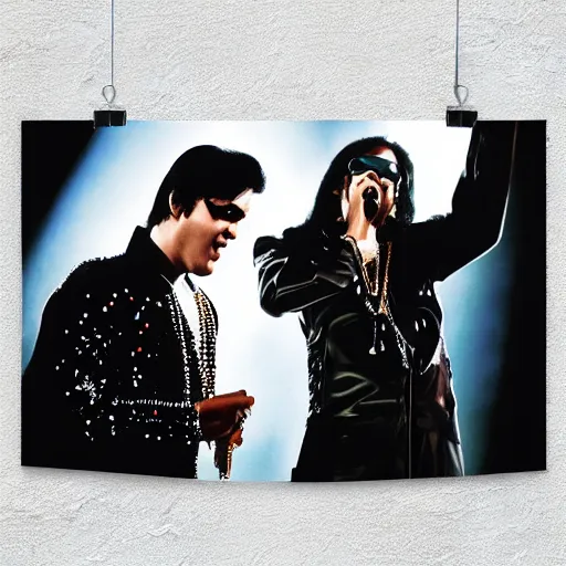 Image similar to elvis presley and snoop dog singing a duet one microphone, in las vegas, detailed, beautiful, dolby digital color, f 1. 8, promotional poster, photorealistic