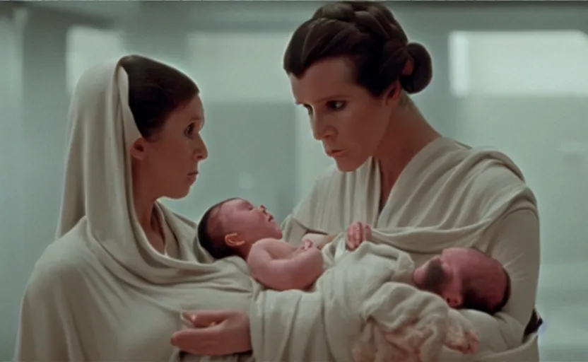 Image similar to screenshot of Princess Leia Organa holding a new born baby in a swaddle, Han Solo watches, iconic scene from 1980s Star Wars film directed by Ridley Scott, in a sci fi nursing home architecture, last jedi, 4k HD sharp, cinematic still frame, photoreal, detailed face, moody lighting, stunning cinematography, anamorphic lenses, kodak color film stock