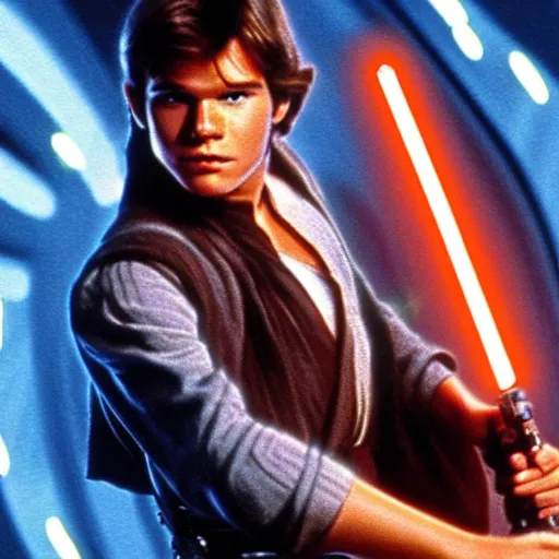 Image similar to A full color still from a film of a teenage Han Solo as a Jedi padawan holding a lightsaber hilt, from The Phantom Menace, directed by Steven Spielberg, 35mm 1990