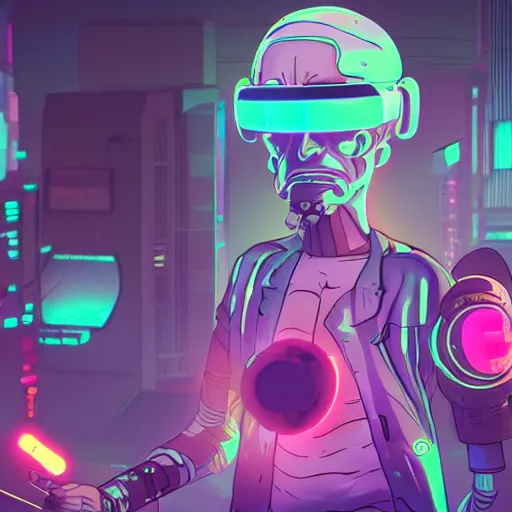 Image similar to cyberpunk rick and morty bot, cinema 4 d, galaxy space sci - fi, wearing vr goggles, illustration, portrait, pastel neon textured background night, trending on artstation, greg rutkowski, octane rendered, 1 2 k, detailed,