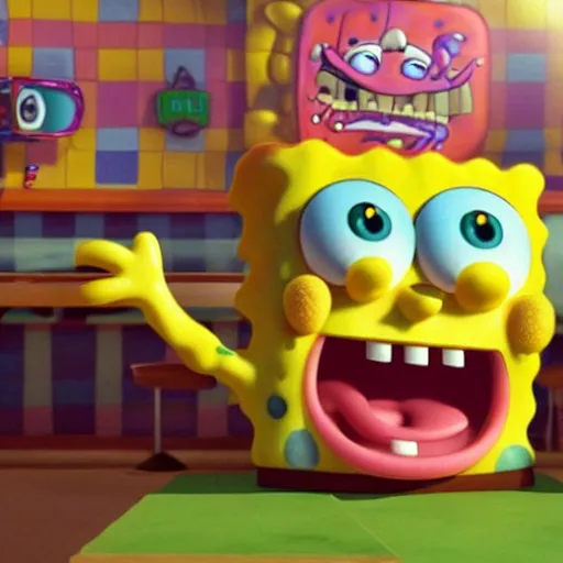 Prompt: hyperrealistic spongebob squarepants eating at the krusty krab, inspired by stephen hillenburg, perfect symmetry, dim volumetric cinematic lighting, 8 k octane comprehensive render, extremely hyper - detailed attributes & atmosphere, intricately proportional, masterpiece, artstation, stunning,