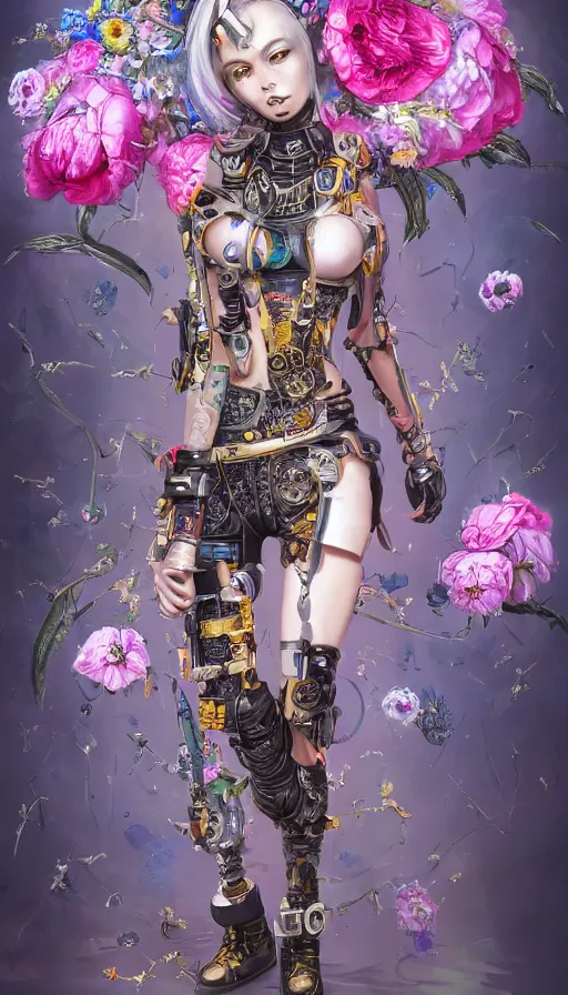 Prompt: full body head to toe portrait of a flowerpunk sci-fi cyborg rogue, third person, D&D, sci-fi fantasy, intricate, blue and gold, daisy and rose and peony, highly detailed, art by Range Murata, highly detailed, 3d, octane render, bright colors, digital painting, trending on artstation, sharp focus, illustration style of Stanley Artgerm, dramatic background