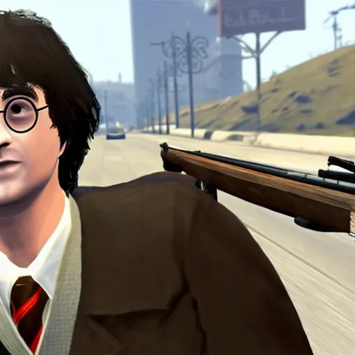 Image similar to harry potter robbing a bank, holding rifle in style of gta v grand theft auto