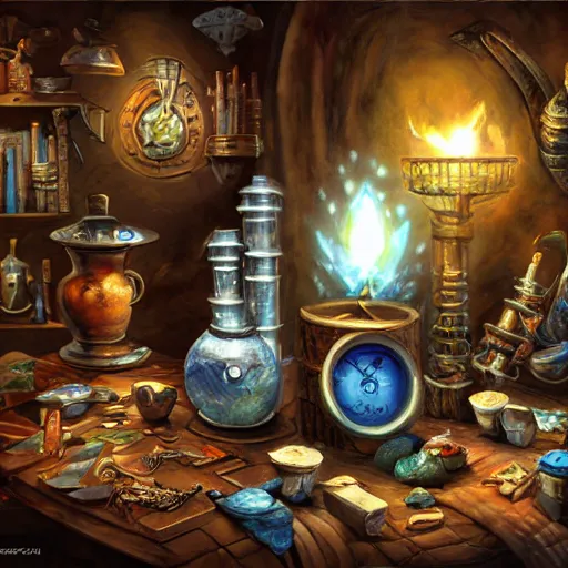 Image similar to photorealistic, tony sart, table, wizards laboratory, mortar, pestle, scales, magic book, beaker, energy