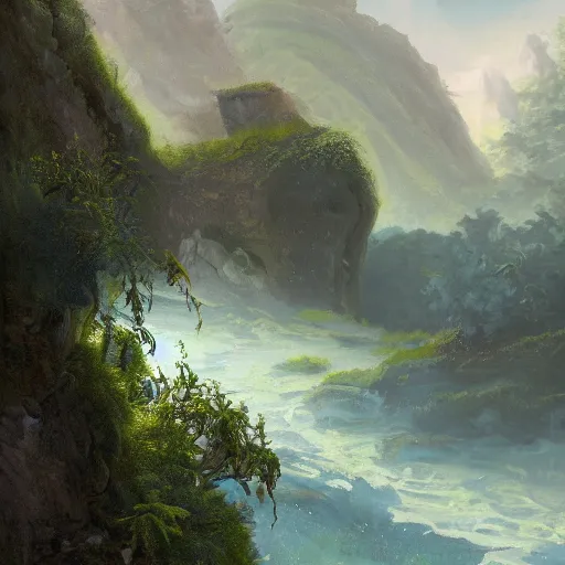 Image similar to painting of a lush natural scene on an alien planet trending on artstation. beautiful landscape. weird vegetation. cliffs and water.