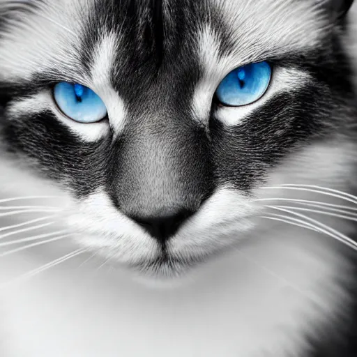 Prompt: fluffy black and white cat portrait, white cheeks, aesthetic highly detailed soft fur and paws, gentle blue eyes, professionally shot photorealistic 8k photograph, 35mm Canon EOS R3, rendered in octane, by Natalie Große and Jason Allison